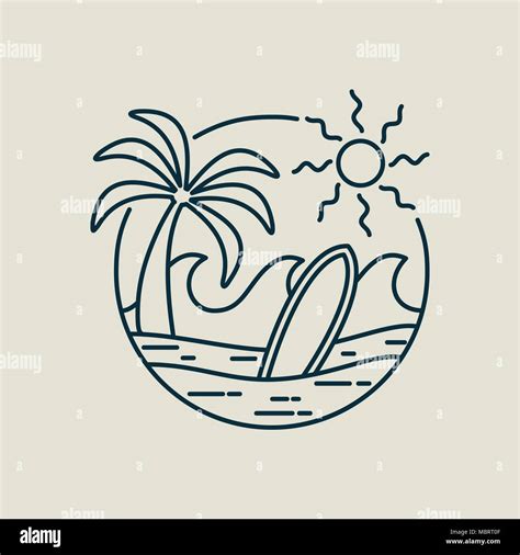 Surf Line Art Stamp In Modern Flat Style Paradise Beach Illustration