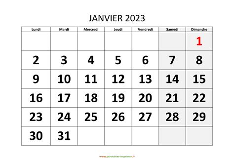 Janvier Calendrier Imprimable