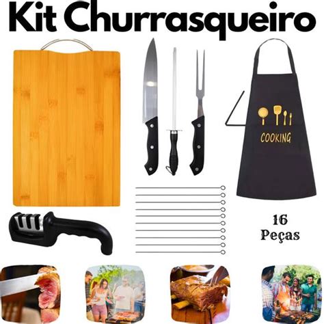 Kit Churrasco Churrasqueiro Tabua Bambu Garfo Faca Cha Ra Afiador