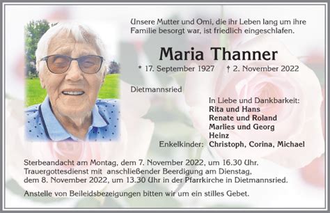 Traueranzeigen von Maria Thanner Allgäuer Zeitung