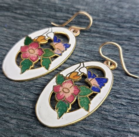 Cloisonne Enamel White Butterfly Flowers Dangle Earri Gem