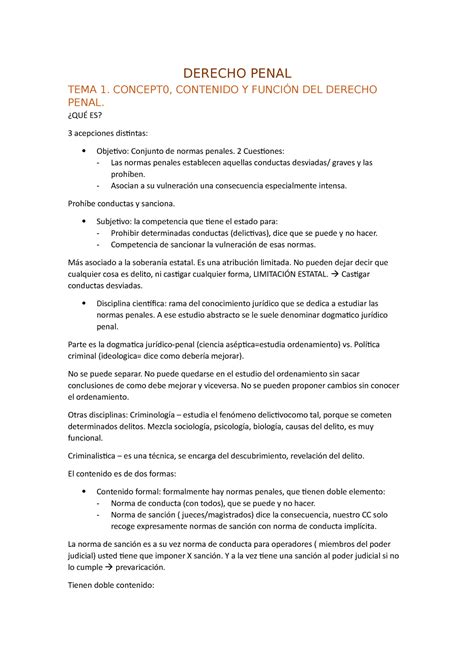 Derecho Penal Apuntes 1 2 Derecho Penal Tema 1 Concept0 Contenido Y FunciÓn Del Derecho