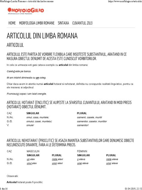 Morfologia Limbii Romane Articolul Din Limba Romana Pdf