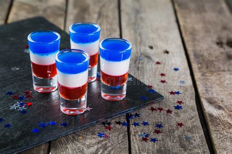 Independence Day Concept Flag Coloured Short Cocktails On Rustic