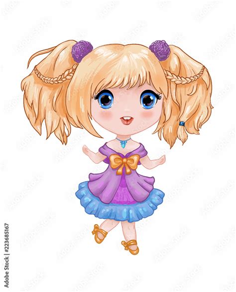 Chibi illustration. Little cute anime girl in purple-blue dress ...