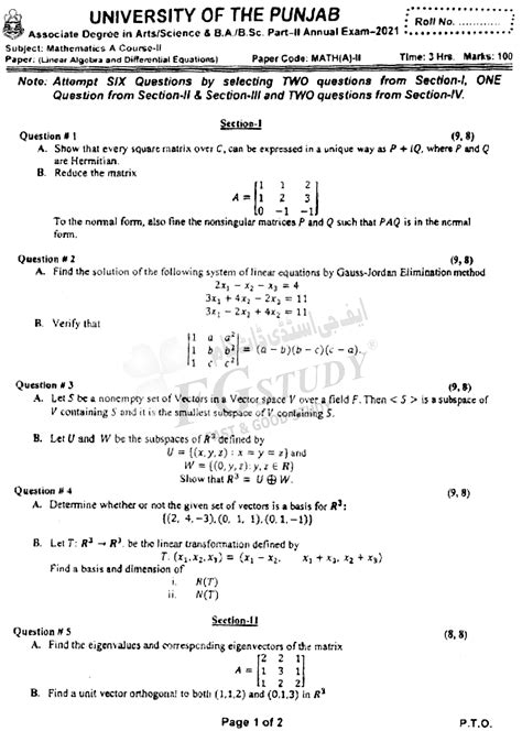 Bsc Part 2 Mathematics A Course 2 Linear Algebra And Differential Equations Past Paper 2021