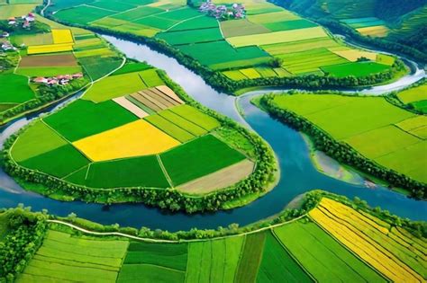 Paisaje Verde De Un Valle Con Un R O Curvil Neo Aldeas Y Cultivos