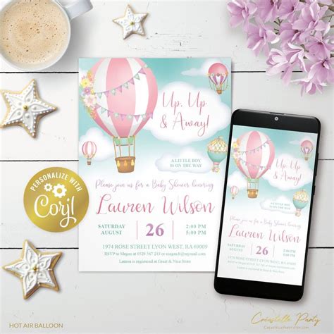 Hot Air Balloon Invitation Editable Up Up Away Baby Shower Digital
