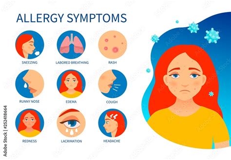 Vector poster allergy symptoms. Illustration of cartoon girl with ...