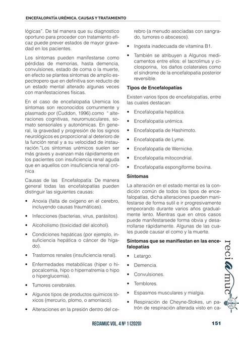 PDF Encefalopatía urémica Causas y tratamiento RECIAMUC