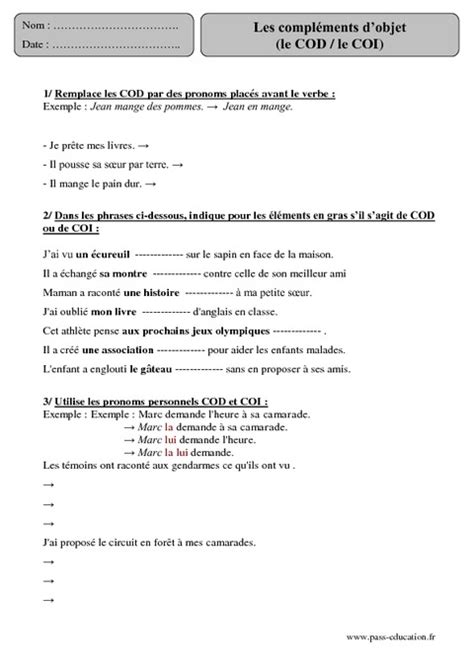 COD COI Compléments dobjet Cm2 Exercices corrigés Grammaire