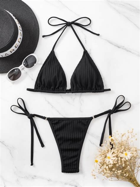 Shein Swim Sxy Ribbed Bikini Set Heart Chain Linked Halter Triangle Bra