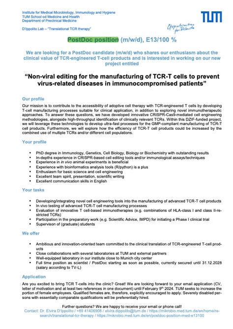 Postdoctoral Position In Tcr T Cell Munich Germany