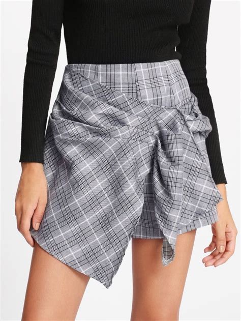 Ruched Overlap Front Plaid Shorts Shein Sheinside Miniskirt Casual Mini Skirts Poncho Dress