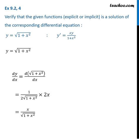 Ex 92 4 Verify Solution Y Root 1 X2 Y Xy1x2