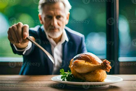 A Man In A Suit Holding A Knife And Fork Over A Roasted Chicken Ai