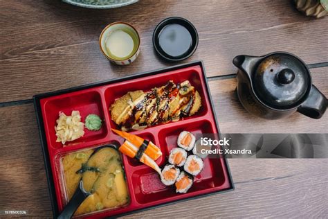 Bento Box With Sushi And Miso Soup On The Table Stock Photo Download