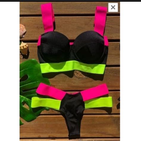 Biquíni Colorido Com Cores Neon Moda Praia Feminina Verao Blogueira