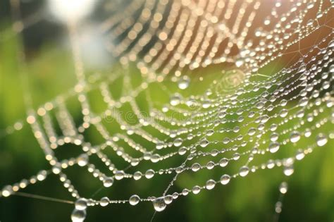 A Close Up Shot Of A Dew Covered Spider Web Refracting Sunlight Stock