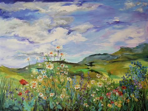 Wild Flowers Landscape - Poppies And Daisies Large Floral Painting ...