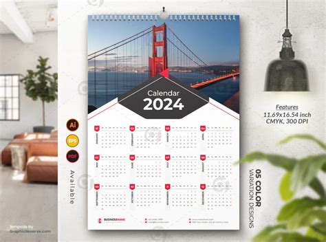 1-Page Wall Calendar 2024 Template Design (Ai, EPS, and PDF) - Graphic ...