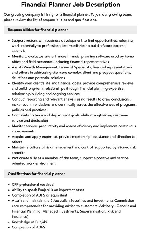 Financial Planner Job Description Velvet Jobs