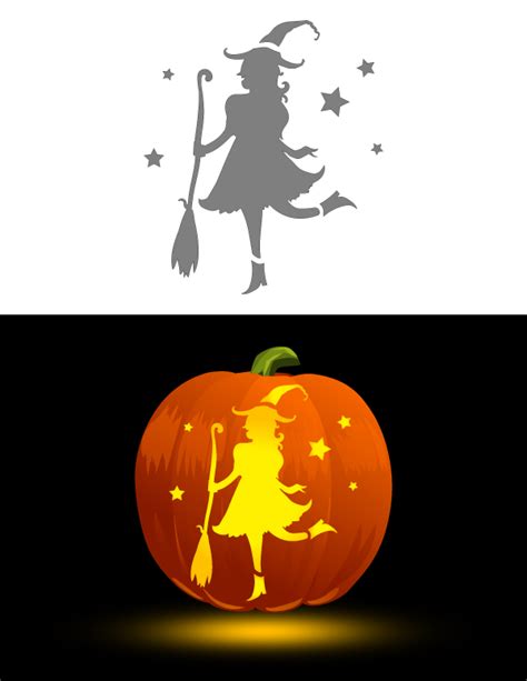 Printable Whimsical Witch And Stars Pumpkin Stencil