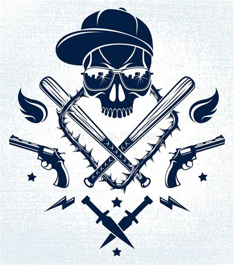 Gang Brutal Criminal Emblem Or Logo With Aggressive Skull Baseball Bats