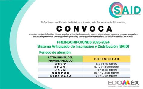 Convocatoria SAID 2023 Preinscripciones A Preescolar 2023 En El Estado