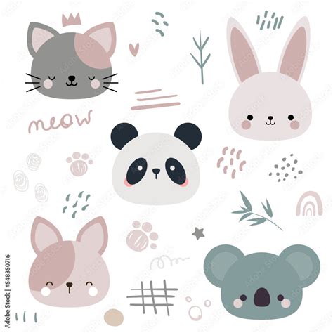 Vector hand drawn animals in doodle style. Hare, panda, cat, dog and ...