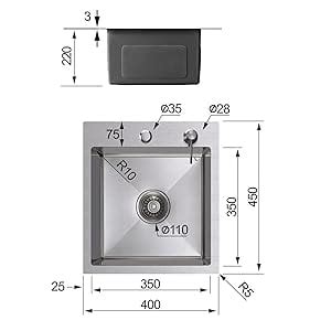 CECIPA Évier 1 Bac 40 x 45 CM Évier Cuisine avec Siphon Éviers Carrés