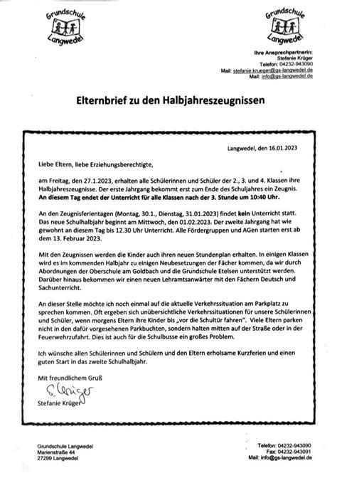 Elternbrief Zu Den Halbjahreszeugnissen Homepage Der Grundschule