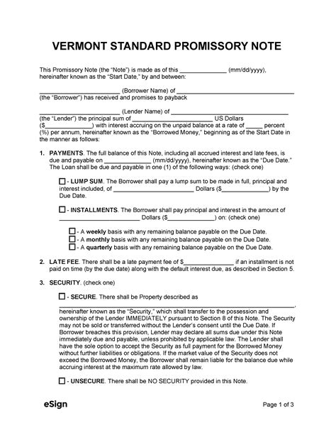 Free Vermont Promissory Note Template PDF Word