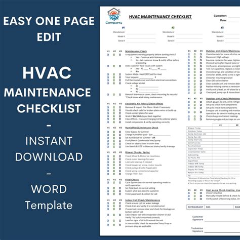 Hvac Preventative Maintenance Checklist Template Editable Microsoft Word Document Air