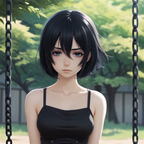 Sad Anime Girl with Short Black Hair on Swing | Stable Diffusion Online