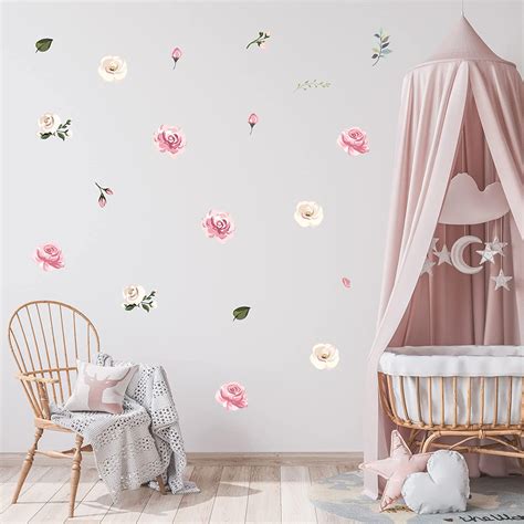 Decalcomania Wall Decor Rose Flower Wall Decals Set Of Pink Pastel