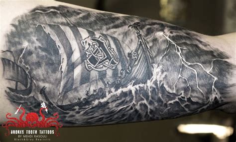 Viking Ship Tattoo By Mehdi Rasouli Broken Tooth Tattoos Ship Tattoo