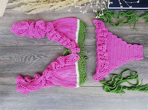 Watermelon Bikini Ruffle Swimsuit Crochet Bikini Set Frills Bikini Knitted Bikini Fruit Bikini