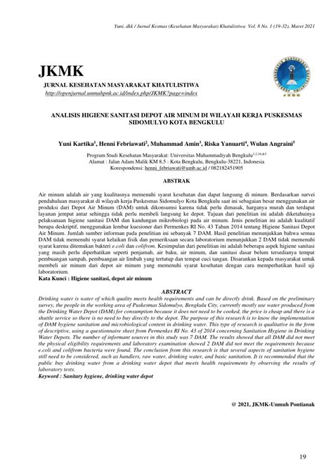 PDF ANALISIS HIGIENE SANITASI DEPOT AIR MINUM DI WILAYAH KERJA