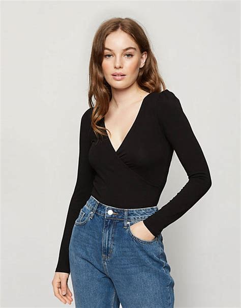 Miss Selfridge Black Wrap Front Jersey Bodysuit Asos