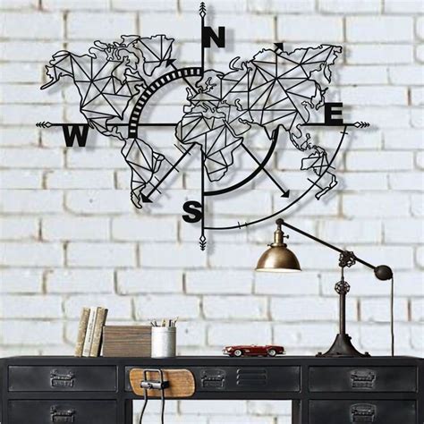 Metal World Map Wall Art Geometric Compass Metal Wall Decor Etsy