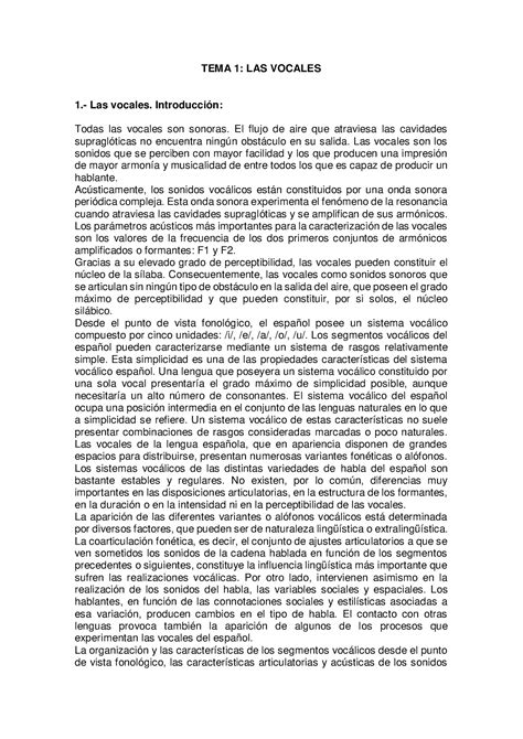 TEMA 1 las vocales Resumen del tema 1 del libro de teoría de la