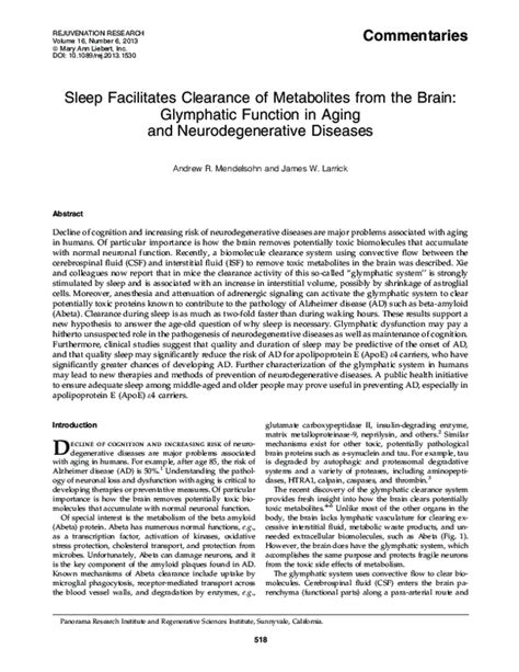 Pdf Sleep Facilitates Clearance Of Metabolites From The Brain