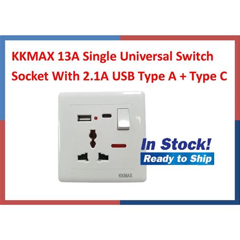 KKMAX 13A Single Universal Switch Socket With 2 1A USB Type A Type C