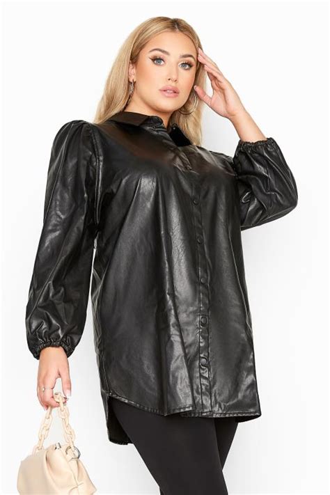 Black Leather Look Puff Sleeve Shirt Yours Clothing