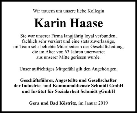 Traueranzeigen Von Karin Haase Trauer In Thueringen De