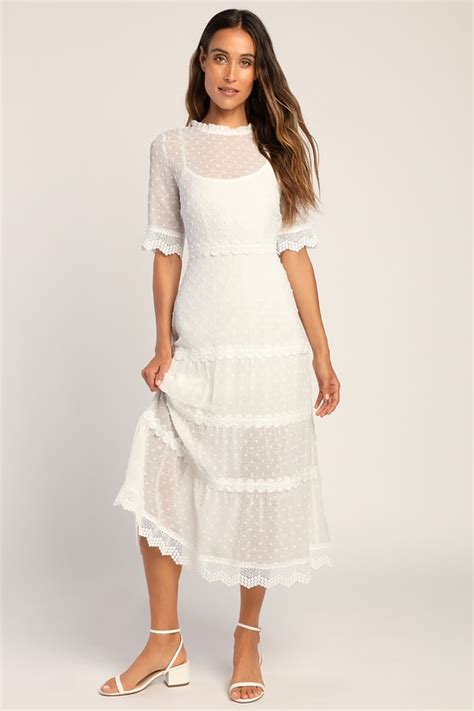 Tiered White Midi Dress Swiss Dot Dress Lace Midi Dress Lulus