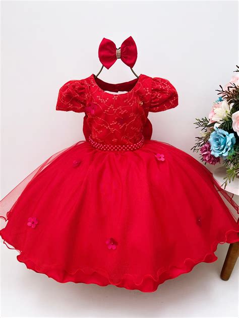 Vestido Infantil Vermelho C Renda e Borboletas Pérolas Laço Rosa