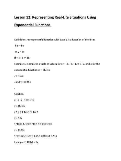 Representing Real Life Situations Using Exponential Functions Pdf Exponential Function