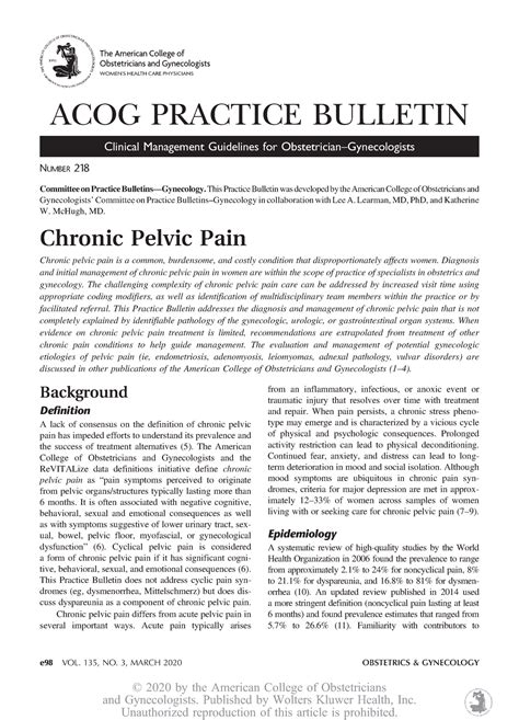 Chronic Pelvic Pain Acog Practice Bulletin 2012 2020 Acog Practice